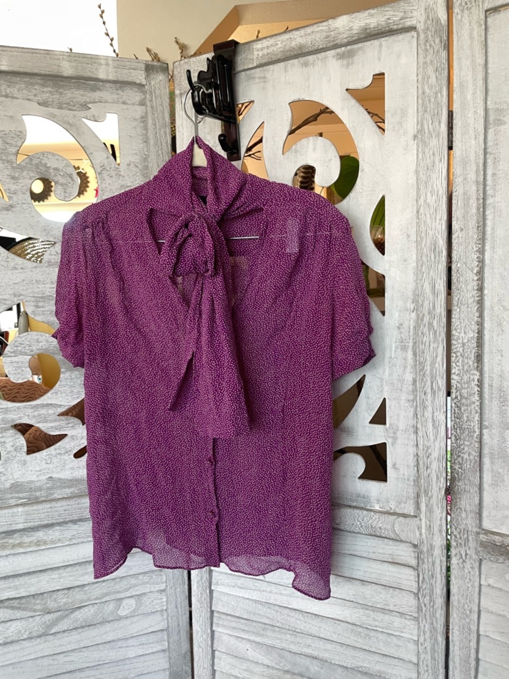 Derek Lam Plum/Purple Dot Tie-Neck Short Sleeve Blouse